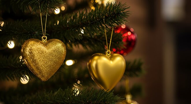 Close-up of heart-shaped gold ornaments on a Christmas tree, with lights and red baubles