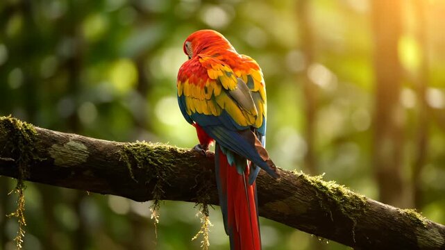 Perched macaw on branch. Colorful parrot among tropical rainforest leaves. Bird displays scarlet yellow blue feathers. Wildlife view bathed in sunlight. Serene exotic nature portrait. Calm nature.