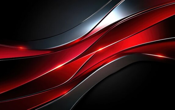 Abstract design with sleek, curved metallic shapes in glossy red, black, and silver tones with glowing light reflections creating a dynamic and modern feel