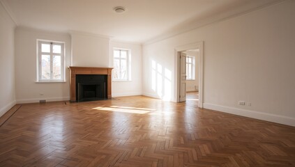 Fototapeta premium Empty living space featuring a fireplace, wooden flooring, and plain white walls