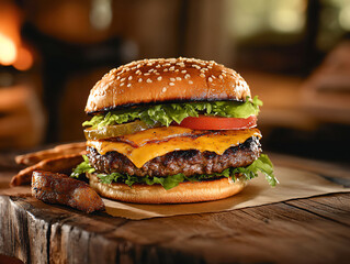 Big juicy hamburger on a wooden board with lettuce. Homemade burgers. 