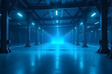 Vast warehouse of drone chargers glowing in blue hue.