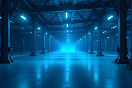 Vast warehouse of drone chargers glowing in blue hue.