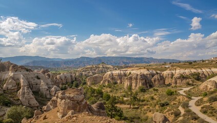 Fototapeta premium Volcanic rock formations in a summer landscape under a clear sky, showcasing natural beauty and preservation