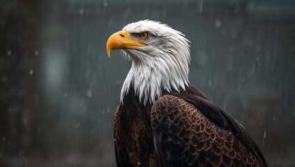 Obraz premium A wet bald eagle displaying its right profile, showcasing wildlife resilience in rain