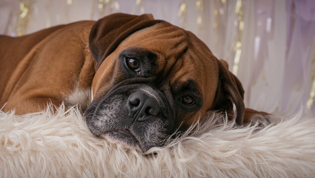 A senior brown Boxer dog rests on a plush surface, exhibiting a tranquil and relaxed demeanor, showcasing the theme of isolation.