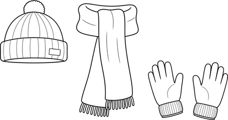 Winter clothing line art, black and white illustration, gloves, scarf, knit hat, cold weather wear, vector drawing, isolated