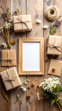 Rustic wood background with blank frame, wrapped gifts, flowers and twine creating a cozy and inviting scene