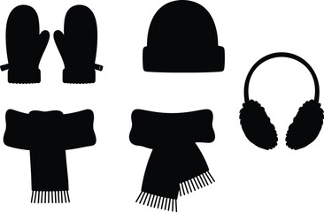 Winter clothing silhouettes, black icons set, scarf, beanie, earmuffs, mittens, cold weather accessories, vector illustration, isolated on white