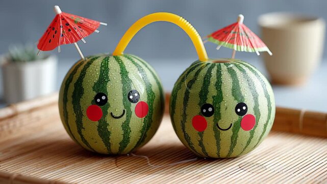 Playful watermelons with cheerful faces, adorned with colorful umbrellas and straws, are showcased on a bamboo tray, capturing the delightful essence of summer fun, camera pans smoothly across the sce