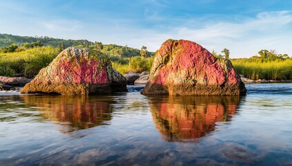 River beside colorful rocky reflections in nature