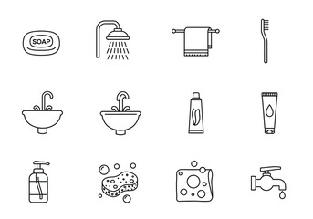 A 3x4 grid of black and white line icons depicting bathroom and hygiene items