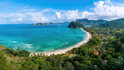 Obraz premium Aerial view of a sunny beach with clear waters and sand, ideal backdrop for travel content