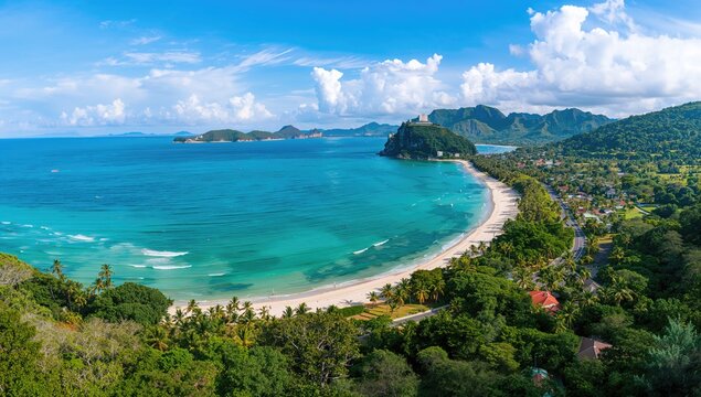 Aerial view of a sunny beach with clear waters and sand, ideal backdrop for travel content - Powered by Adobe