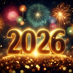 “2026 golden numbers shining bright, fireworks exploding, night sky celebration.”