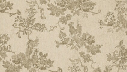 Detailed view of a patterned textile featuring stylized floral and leaf designs in soft, neutral tones