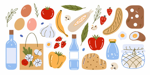 A vibrant collection of hand drawn groceries and food items arranged in a playful pattern