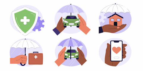 Collection of insurance icons representing health car home and digital protection with hands and umbrellas
