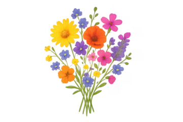 Colorful wildflowers bouquet blooming with transparent background
