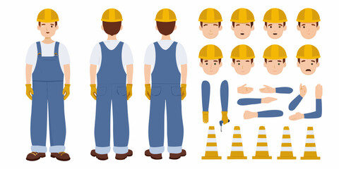 Construction worker character kit with multiple poses facial expressions and safety cones for design