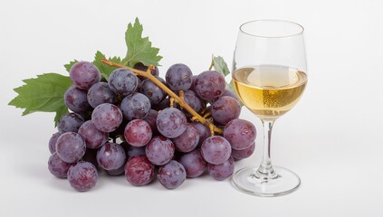 Fototapeta premium Glass of wine and bunch of ripe grapes on a white background