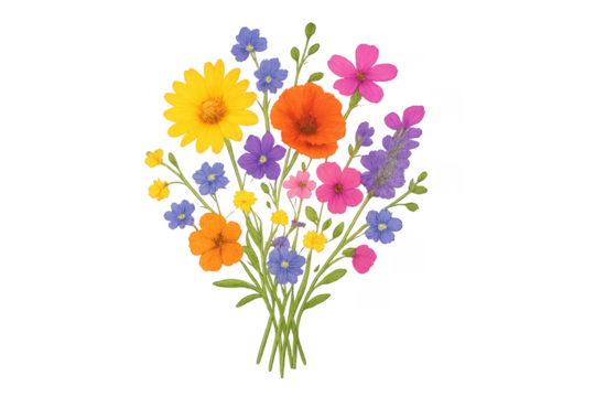 Colorful wildflowers bouquet blooming with transparent background
