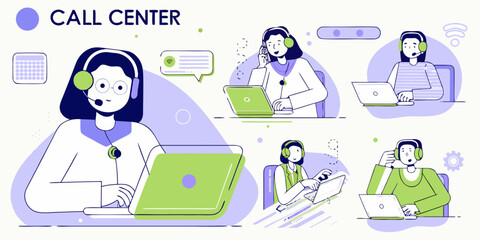 Diverse team of call center agents working with headsets and laptops providing customer support and communication services