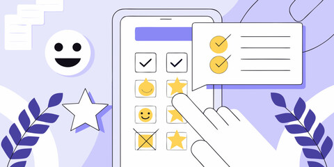 Customer feedback survey on smartphone screen with hand selecting star rating and happy face emojis