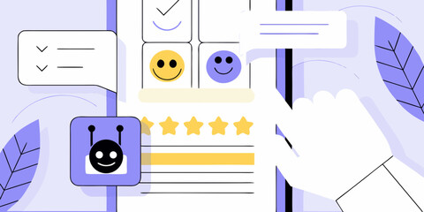 Customer feedback and rating system with smiling emojis and star ratings on a digital device