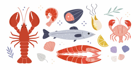 A vibrant collection of fresh seafood illustrations including lobster shrimp crab fish mussels and lemon slices