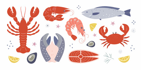 Collection of delicious seafood and fish illustrations with lemon and herbs on a white background