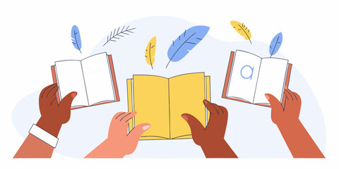 Diverse hands holding open books with floating feathers symbolizing creativity and learning