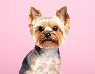 Close-up portrait of a Yorkshire Terrier dog with brown and tan fur, pink background