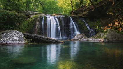 Obraz premium Logs beneath a waterfall, a serene setting for meditation and mindfulness
