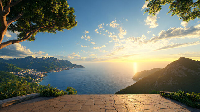 Touristic town on rocky cliffs and mountain landscape by the sea. Sunset sky panorama. 