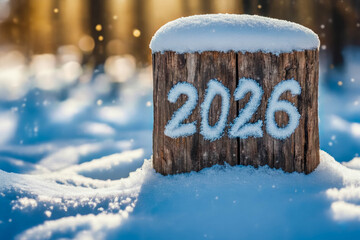 The number 2026 written in snow on a wooden stump. Snowy landscape with bright golden sunlight and a bokeh background effect.