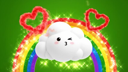 Cute cartoon cloud blowing a kiss above a colorful rainbow with sparkling heart shapes. - Powered by Adobe