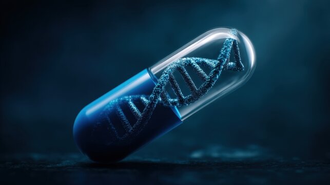 Glowing Blue Capsule with Spiral DNA Helix Inside on Dark Background Symbolizing Genetic Innovation and Biotechnology