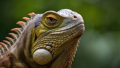 Close-up image of a large male iguana, emphasizing its head and features, highlighting its herbivorous nature