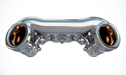 Close-up of a shiny metallic and chrome mechanical component with tubular ends and intricate symmetrical details on a white background