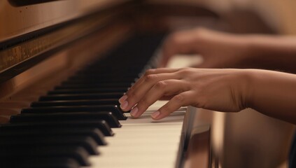Obraz premium Closeup of a child's hands on piano keys, focus on musical exploration