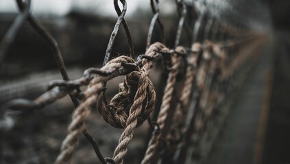 Obraz premium Intertwined rope strands drape over a metallic fence, showcasing texture and wear, ideal for editorial header background