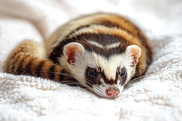 close-up of a relaxed ferret lying on a soft white textured blanket with distinct dark and light fur markings