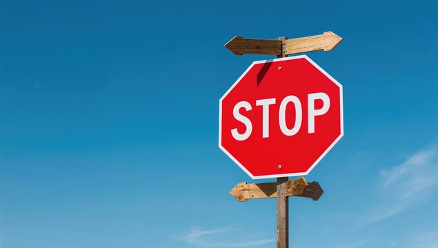 Stop sign against a blue sky, cautionary symbol for awareness, career guidance