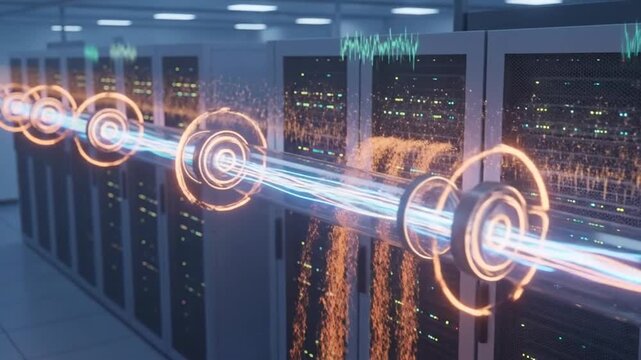 Data Center Network with Glowing Connections and Server Racks, High-Speed Data Transfer and Digital Information Flow in a Modern Computing Environment.