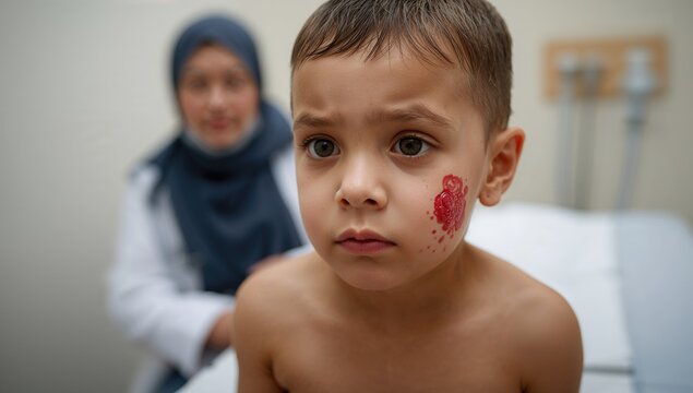 Child undergoing a medical examination, showcasing the visible effects of smallpox, awareness of vaccination importance