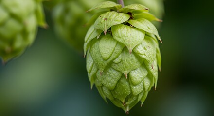 Fototapeta premium Close-up of green hop cones, with detailed texture and blurred background