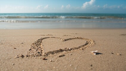 Heart drawn in beach sand, symbol of love and connection, Valentine's Day
