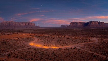 Nighttime moon shining above a sandy wilderness with mountains and vibrant hues
