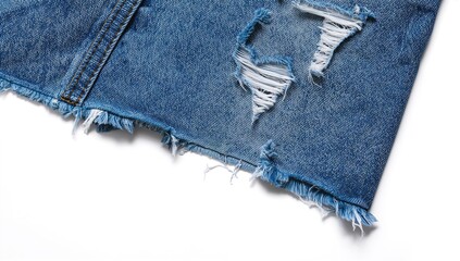 Blue Denim Jeans with Ripped and Torn Details, Frayed Edges, and Patchwork on White Background with Space for Text